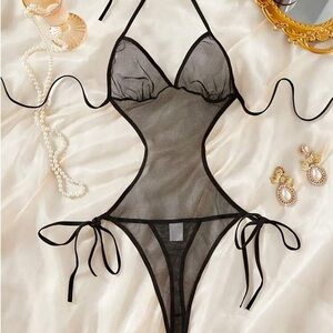 1pc Mesh Drawstring Sexy Lingerie mesh TightFitting Bodysuit bathingsuit L NWOT